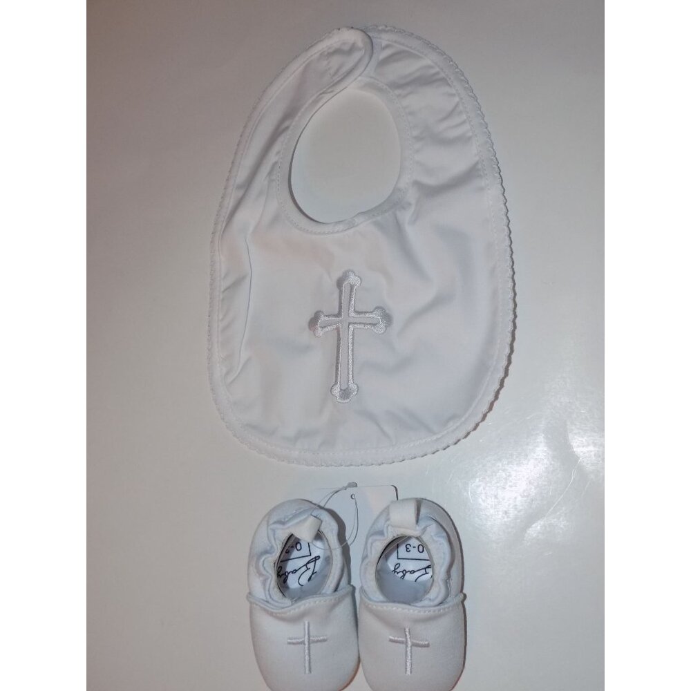 Children's Shoes and Bib (White) 0-3 Months Religious Cross